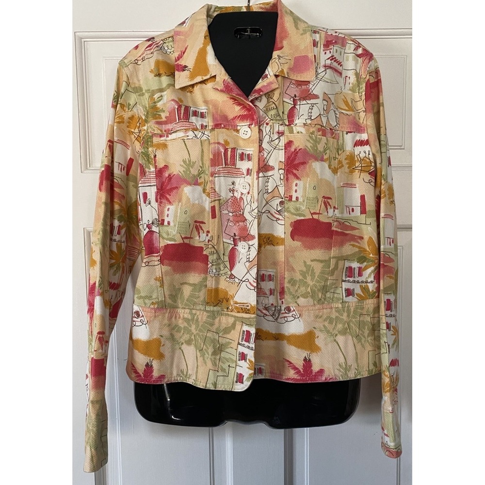 Lemon‎ Grass Studio Women's Denim Style Jacket SZ Lrg Art to Wear Village Print